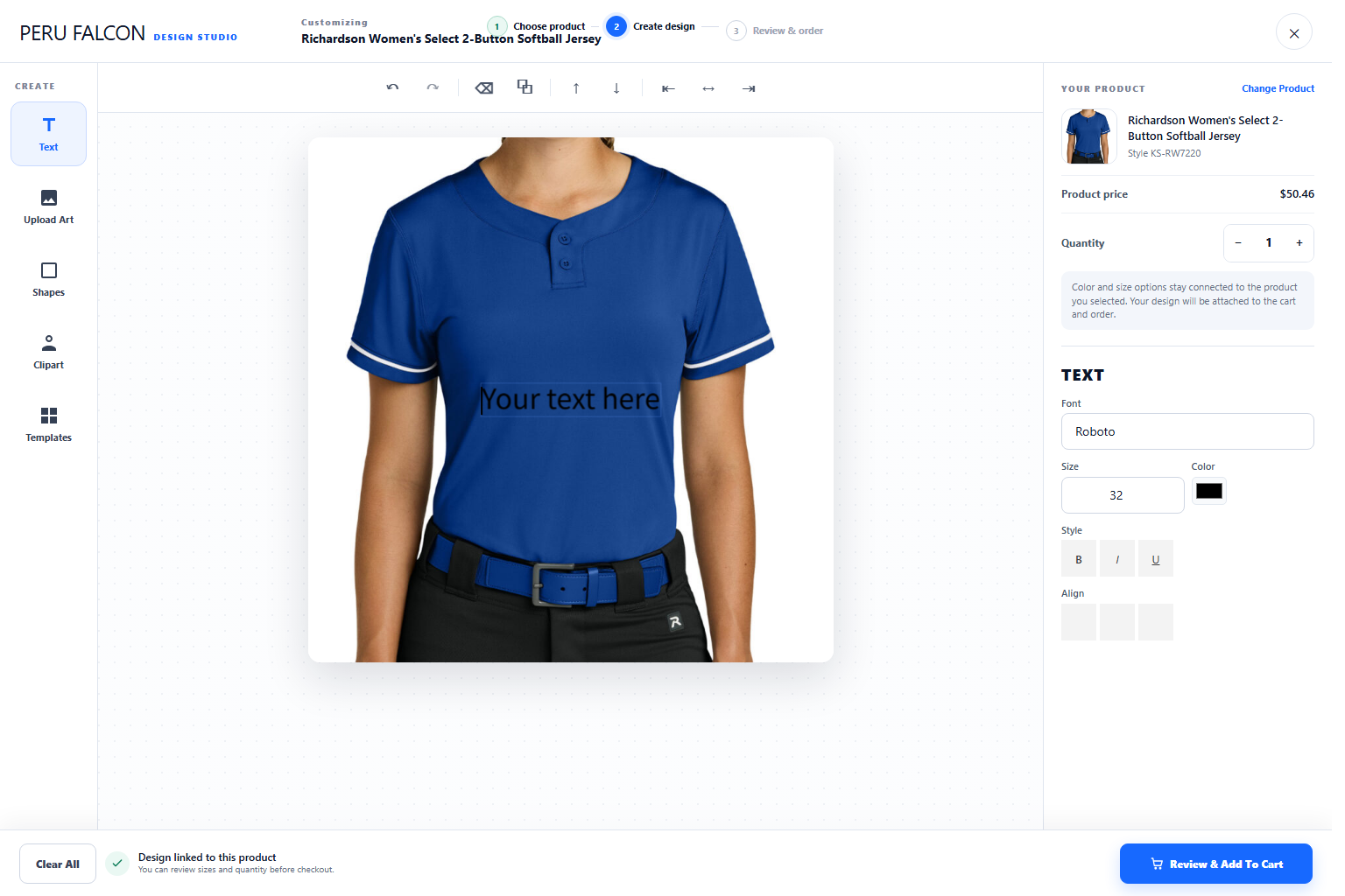 PERU FALCON apparel design studio showing artwork tools and a garment preview