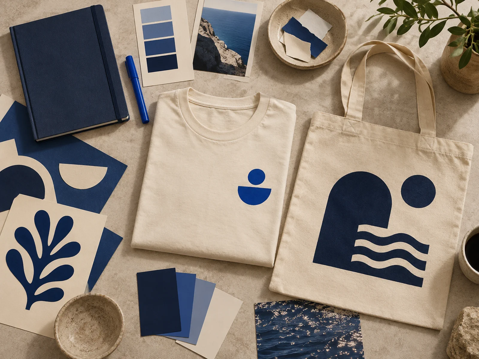 Creative worktable with printed T-shirt, canvas tote, colour swatches and artwork