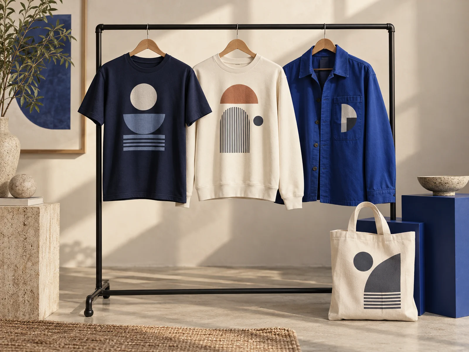 Navy, cream and cobalt garments with flat printed graphics on a studio clothing rail