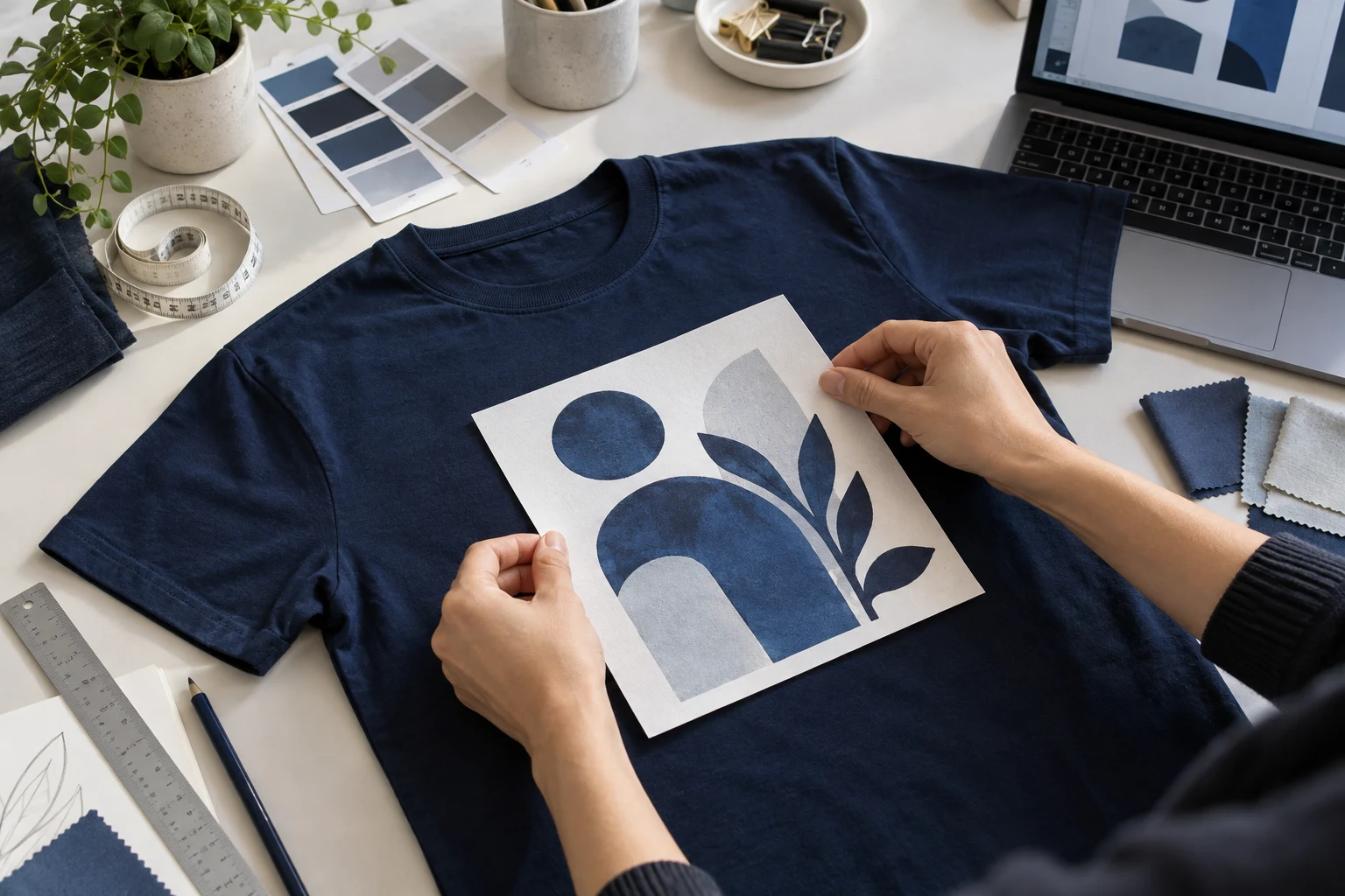 Hands arranging an original cobalt graphic on a navy T-shirt at a creative worktable
