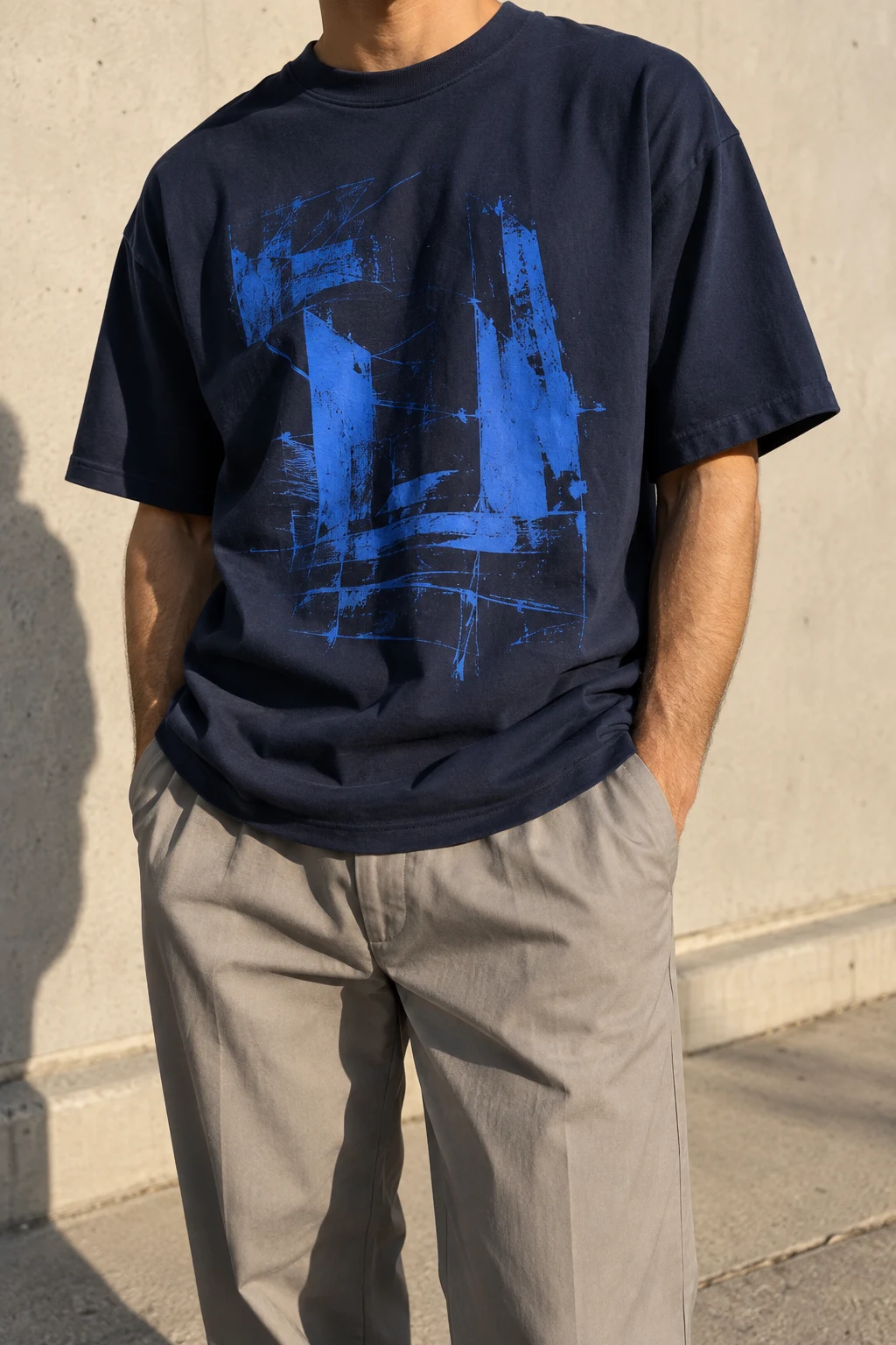 Faceless model wearing an oversized navy T-shirt with an original cobalt abstract graphic
