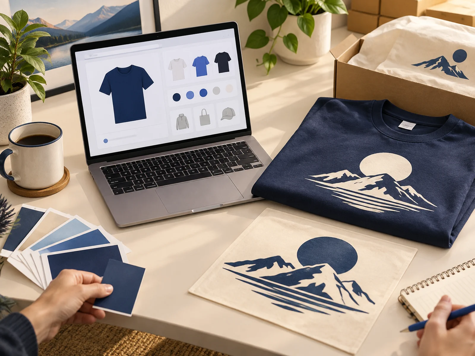 Apparel design support desk with a product customizer, printed shirt and colour swatches