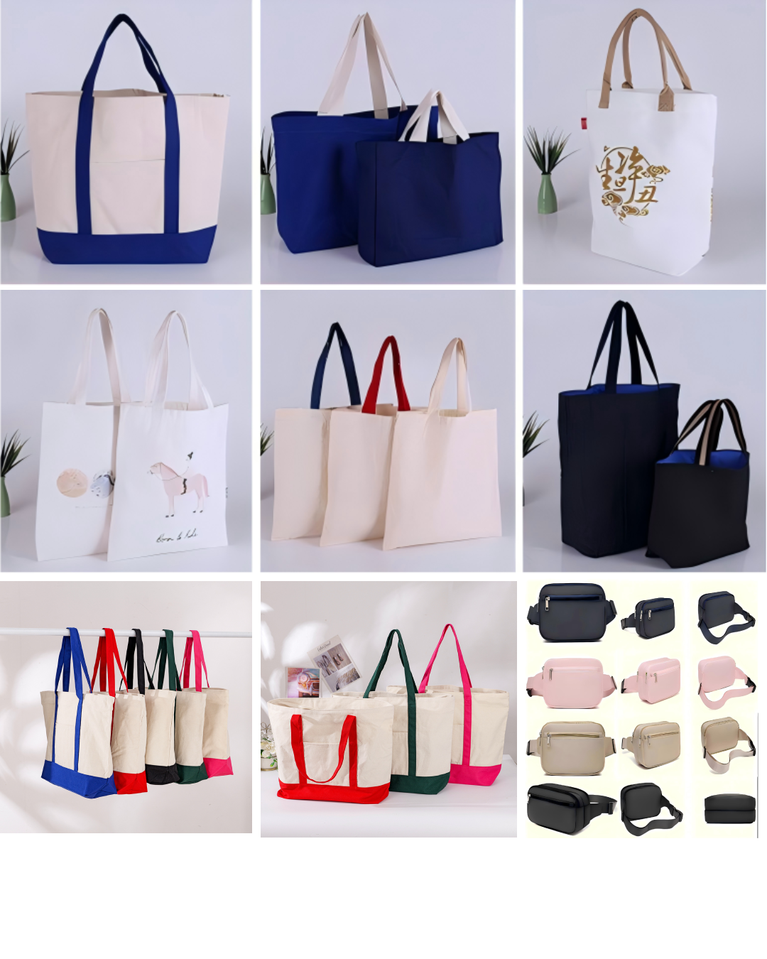 Collection of customizable tote bags, handbags and crossbody bags