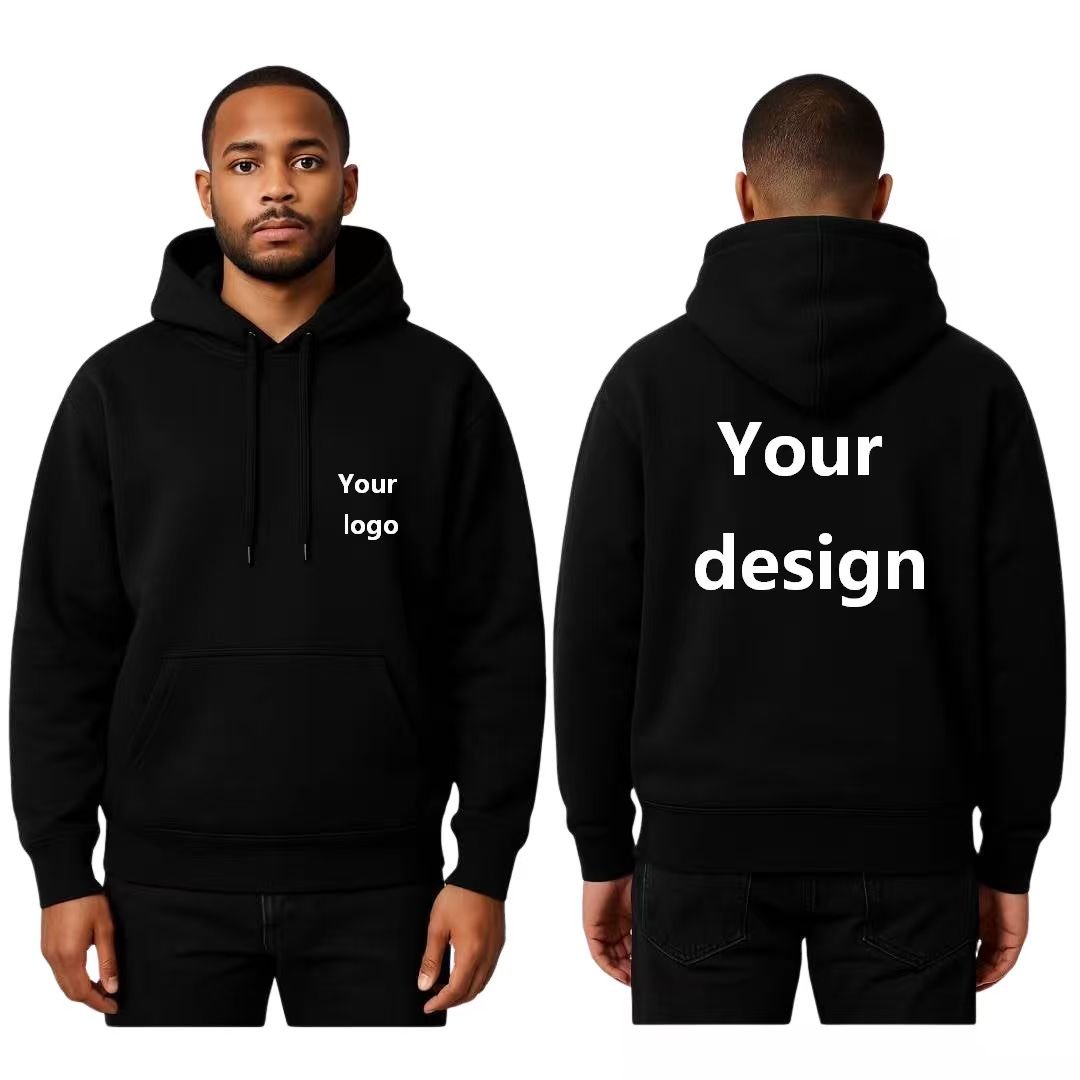 Black custom hoodie shown from the front and back with print placement examples