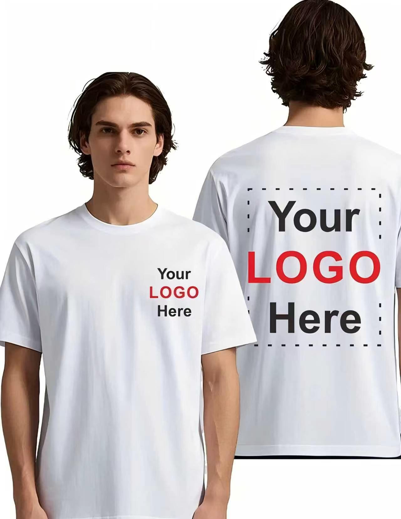 White custom T-shirts shown from the front and back with logo placement examples