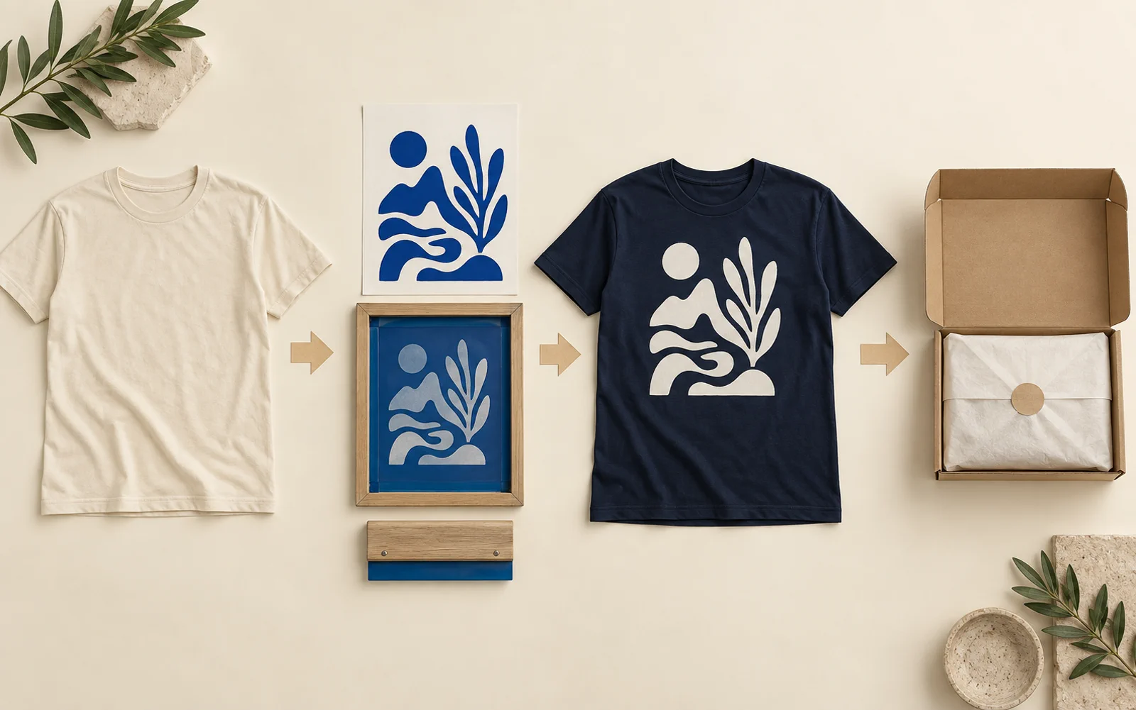 Blank T-shirt, screen-printing artwork, finished printed shirt and packed order