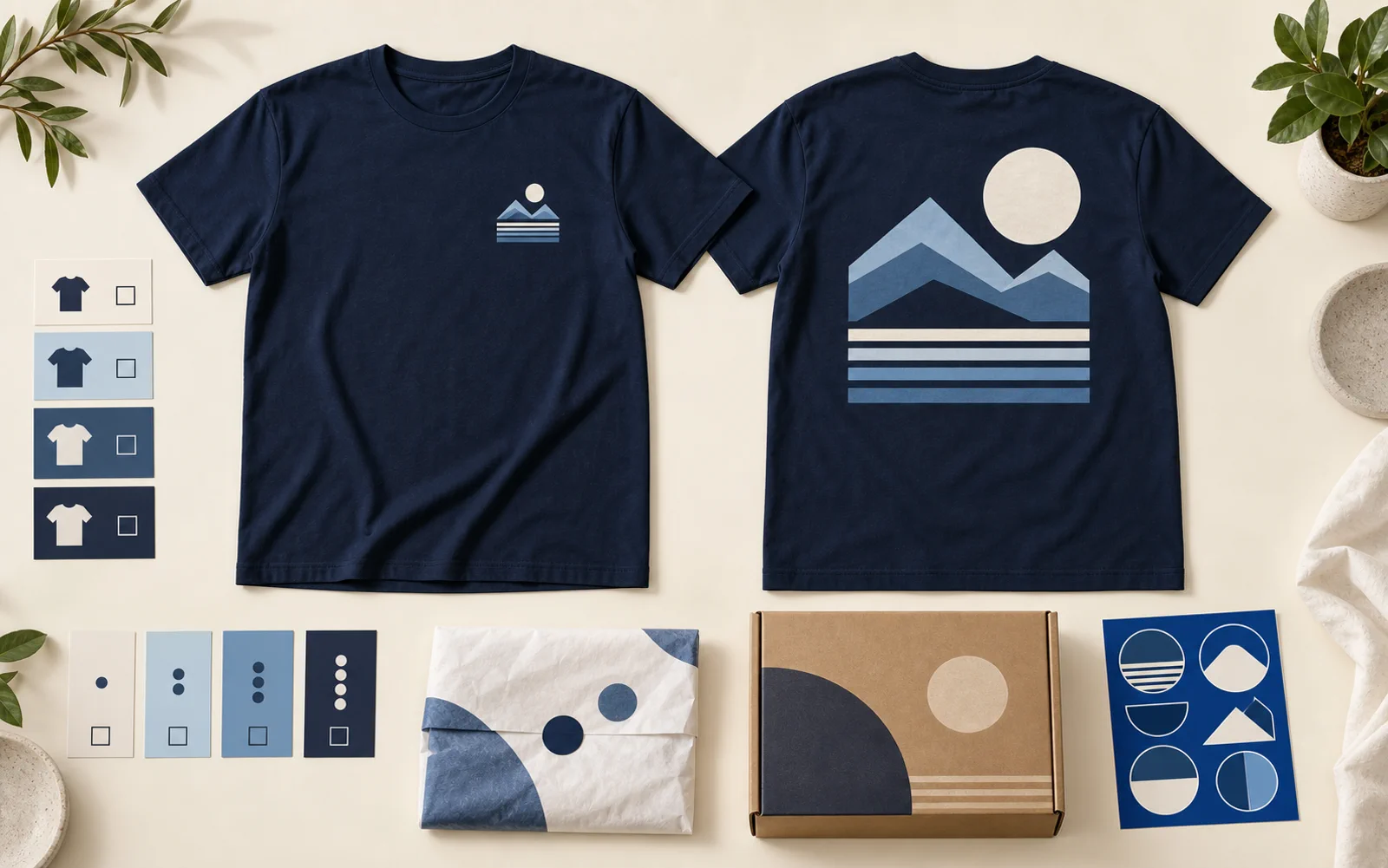 Front and back printed T-shirt previews with order options and packaging