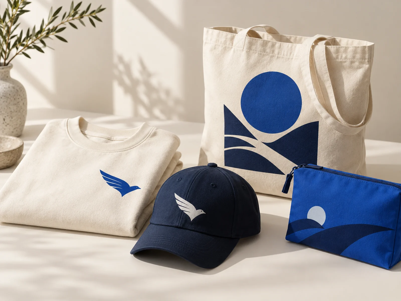 Printed sweatshirt, cap, canvas tote and pouch arranged in a warm studio setting