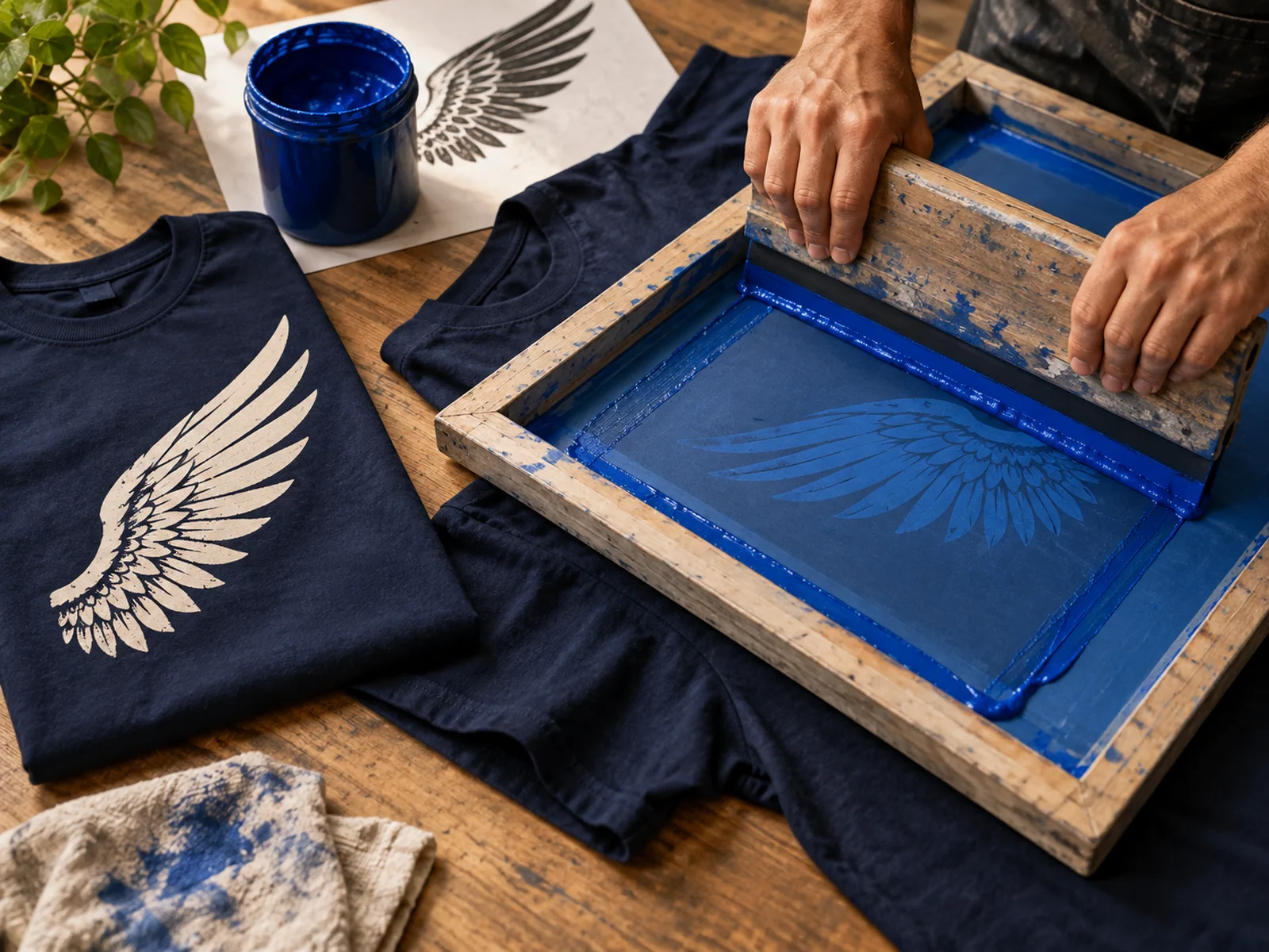 Hands screen printing a cobalt wing graphic onto a navy T-shirt