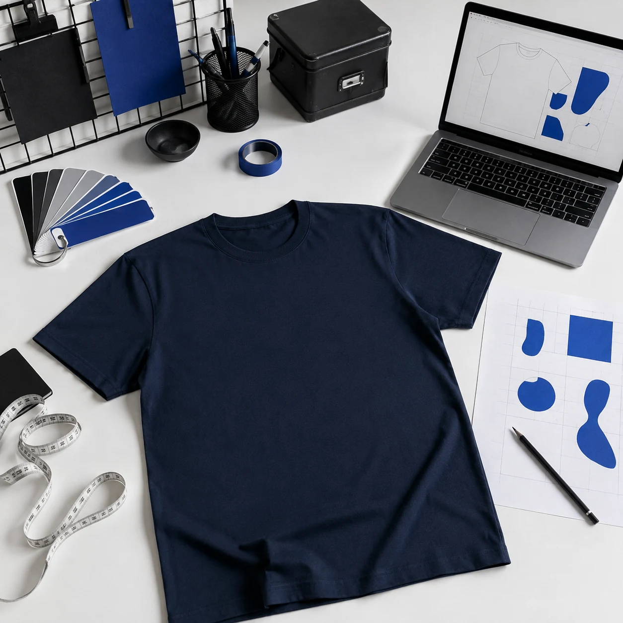 Custom apparel workbench with blank shirt, design canvas, swatches and measuring tools
