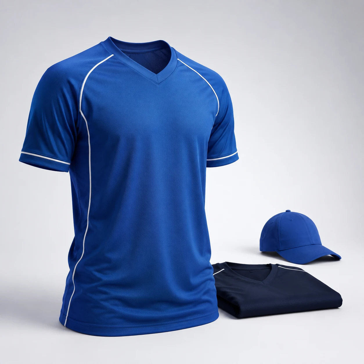 Blue blank team jersey, folded jersey and cap ready for customization